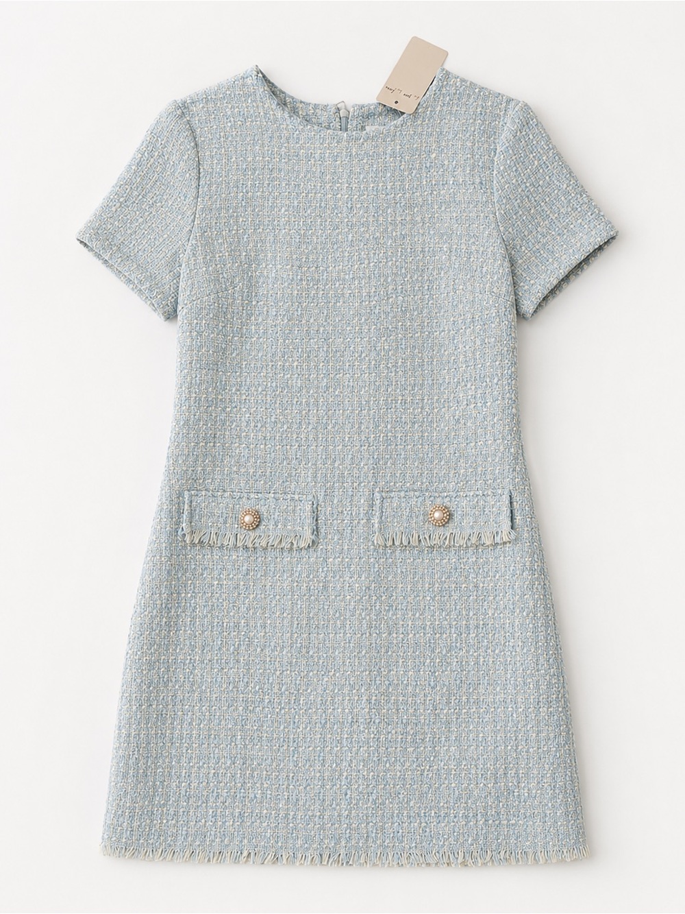 NWT Bebop Light Blue Tweed Sheath Dress Pearl Buttons Size Small